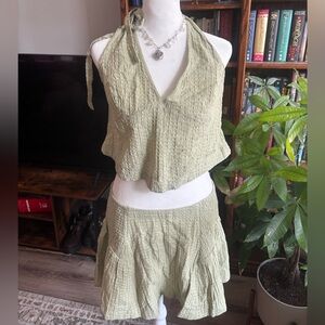 We The Free Light Green Crinkled Halter Top and Skirt Set